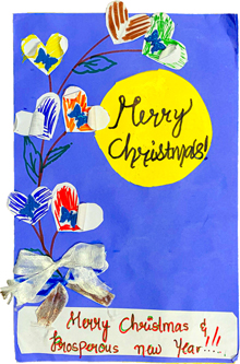 heartfelt A blue, hand-made, Christmas card with hearts on flower stems.