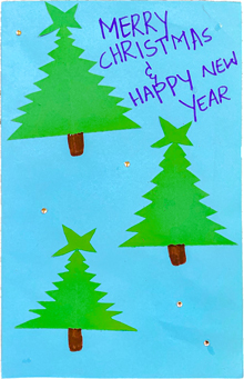 heartfelt A blue Christmas card with three green Christmas trees.