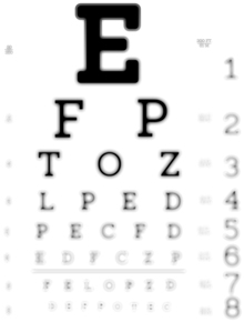 An image of a blurry eye exam chart, As seen by someone with poor vision.